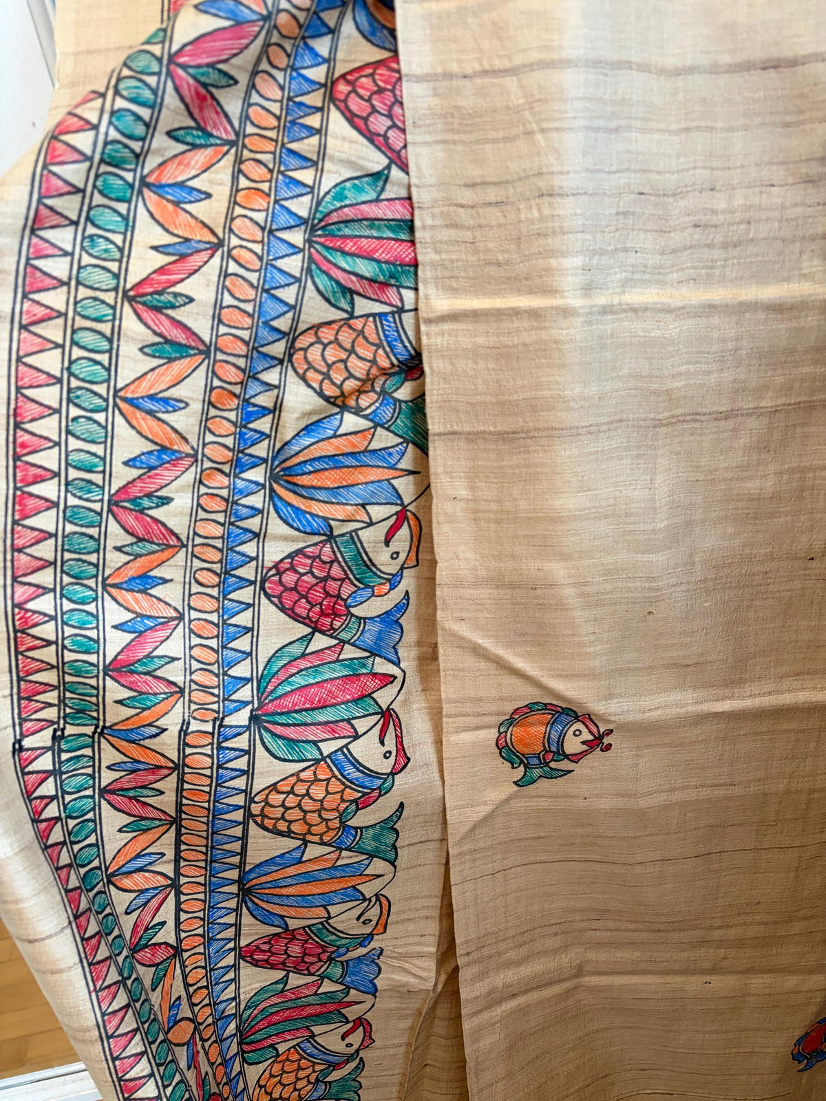 Beige Tussar Silk Saree with Madhubani Painted Border