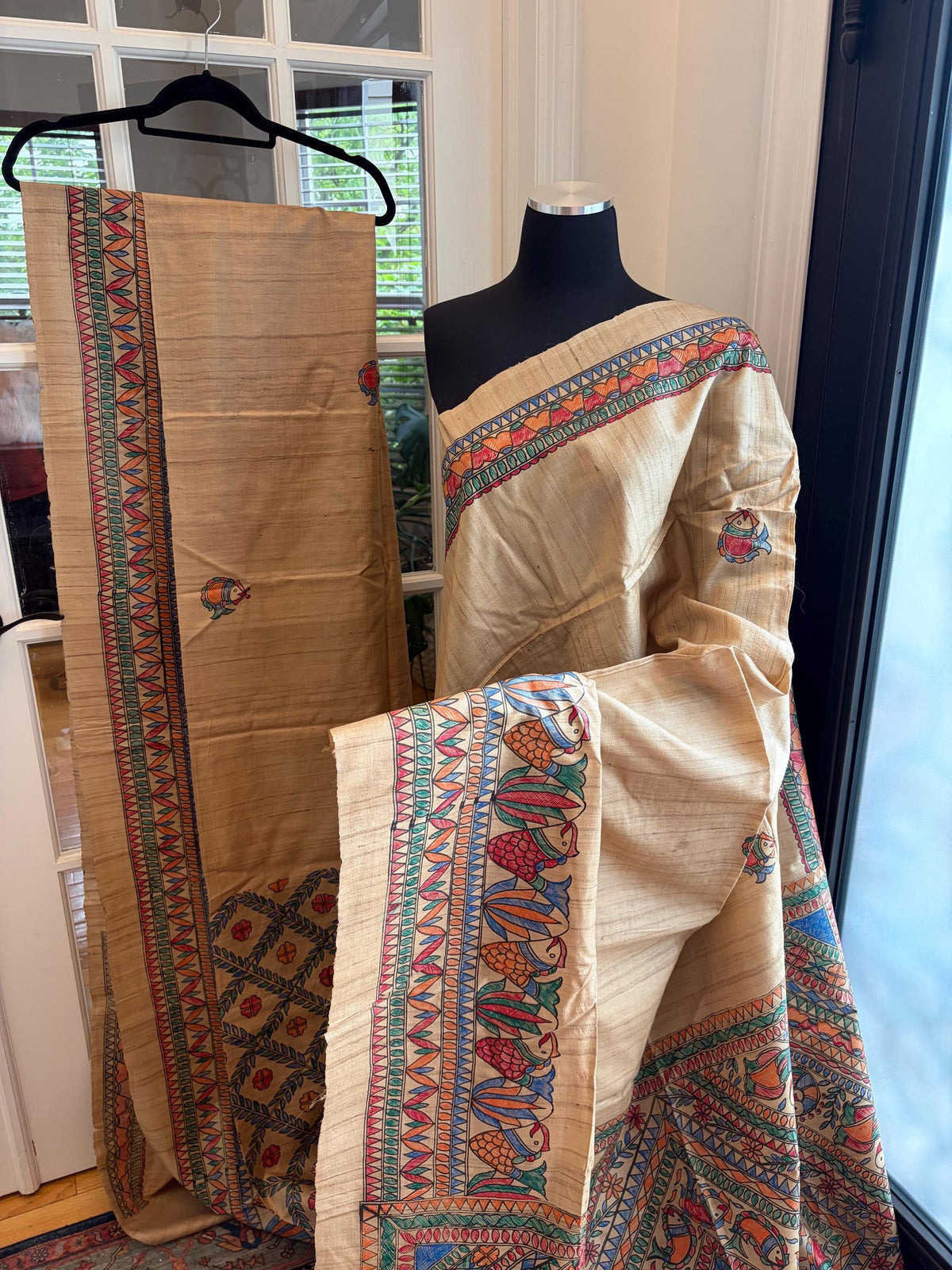 Beige Tussar Silk Saree with Madhubani Painted Border