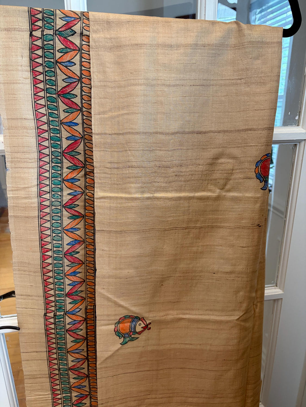 Beige Tussar Silk Saree with Madhubani Painted Border