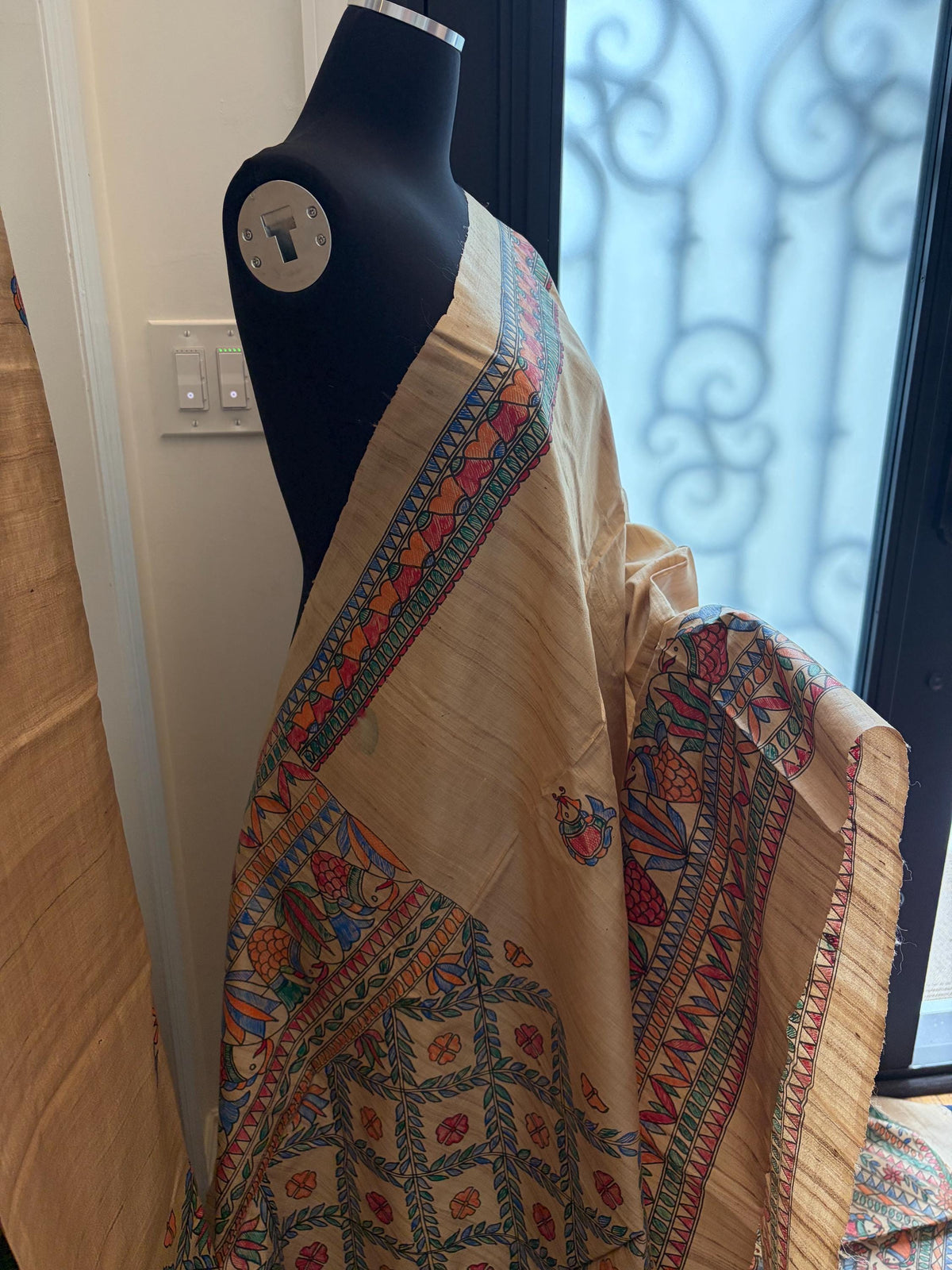 Beige Tussar Silk Saree with Madhubani Painted Border