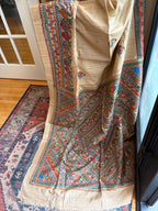 Beige Tussar Silk Saree with Madhubani Painted Border