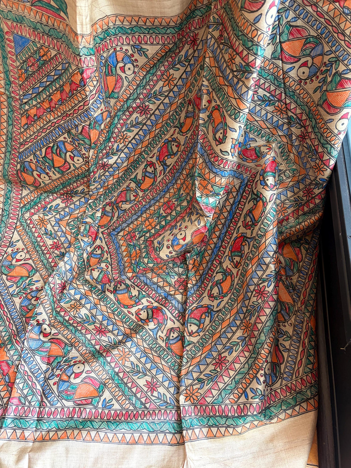 Beige Tussar Silk Saree with Madhubani Painted Border