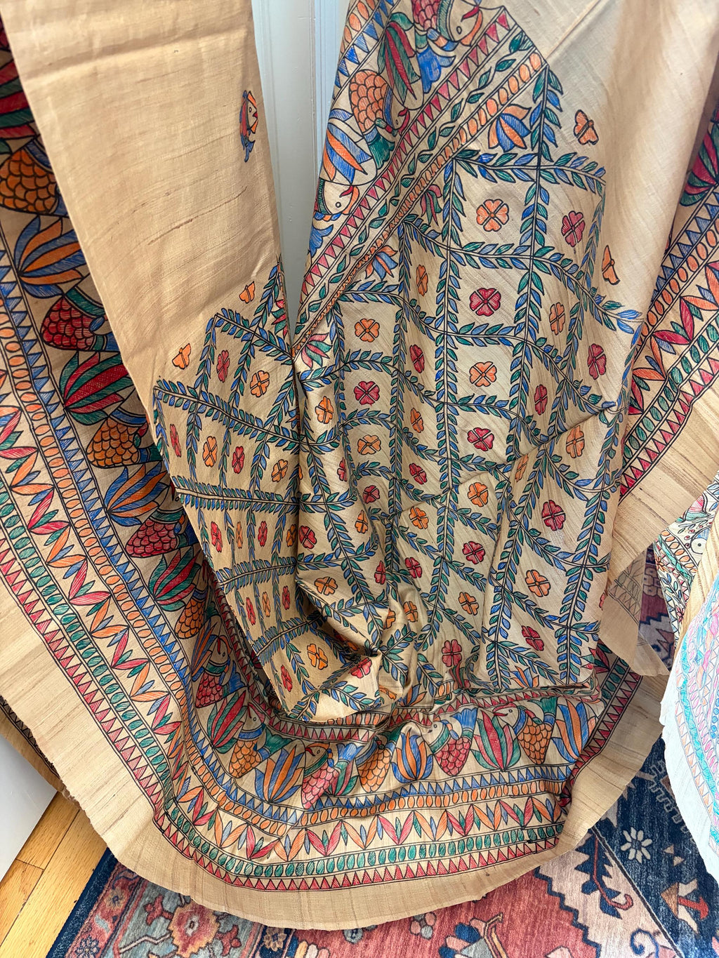 Beige Tussar Silk Saree with Madhubani Painted Border