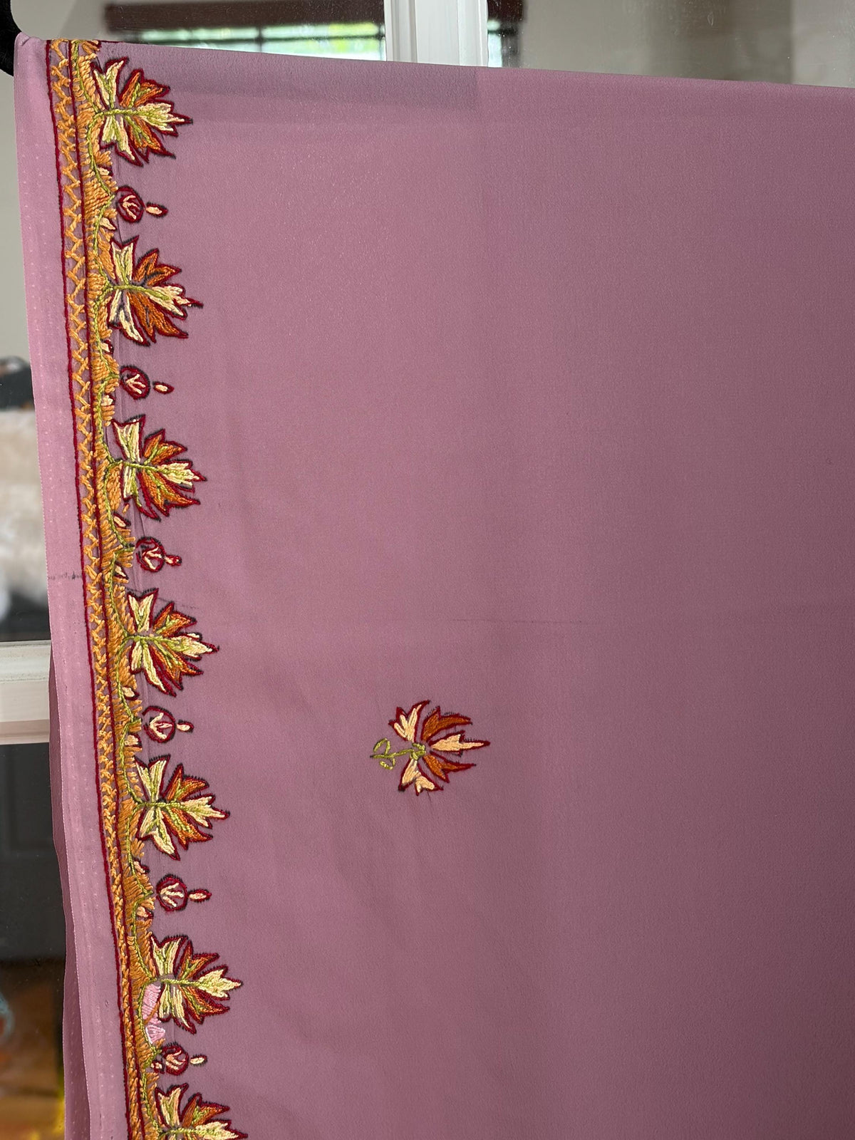 Lavender Kashmiri Sozni Embroidery Crepe Silk Saree