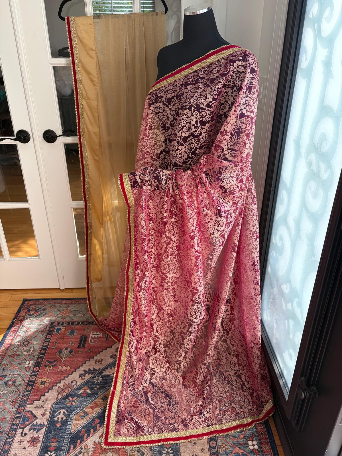 Pink and Cream Designer Wedding Saree