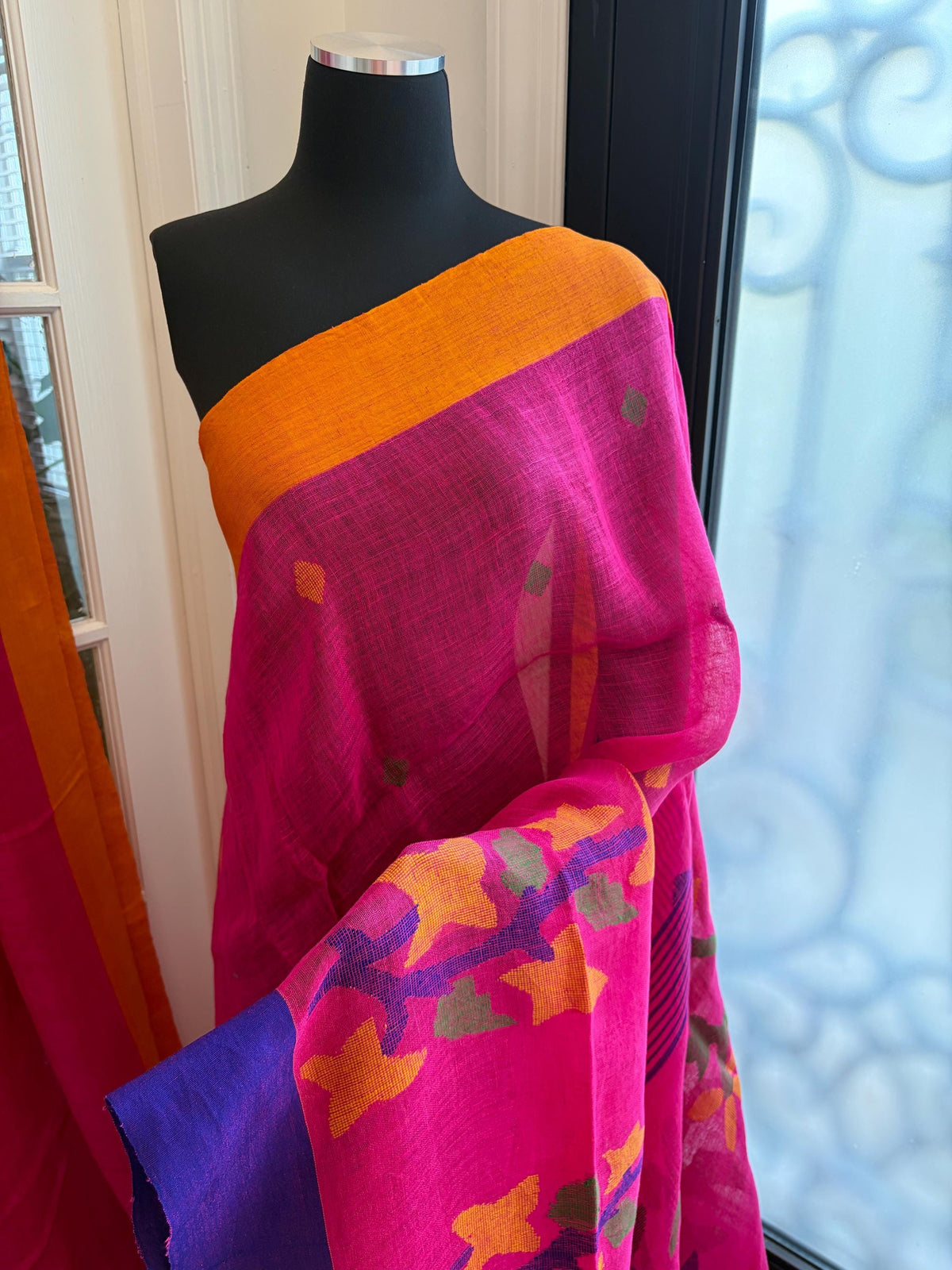 Rani Pink Jamdani Linen Saree