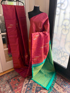 Sari en soie Kanchipuram tissé à la main, rouge brique, pour mariée