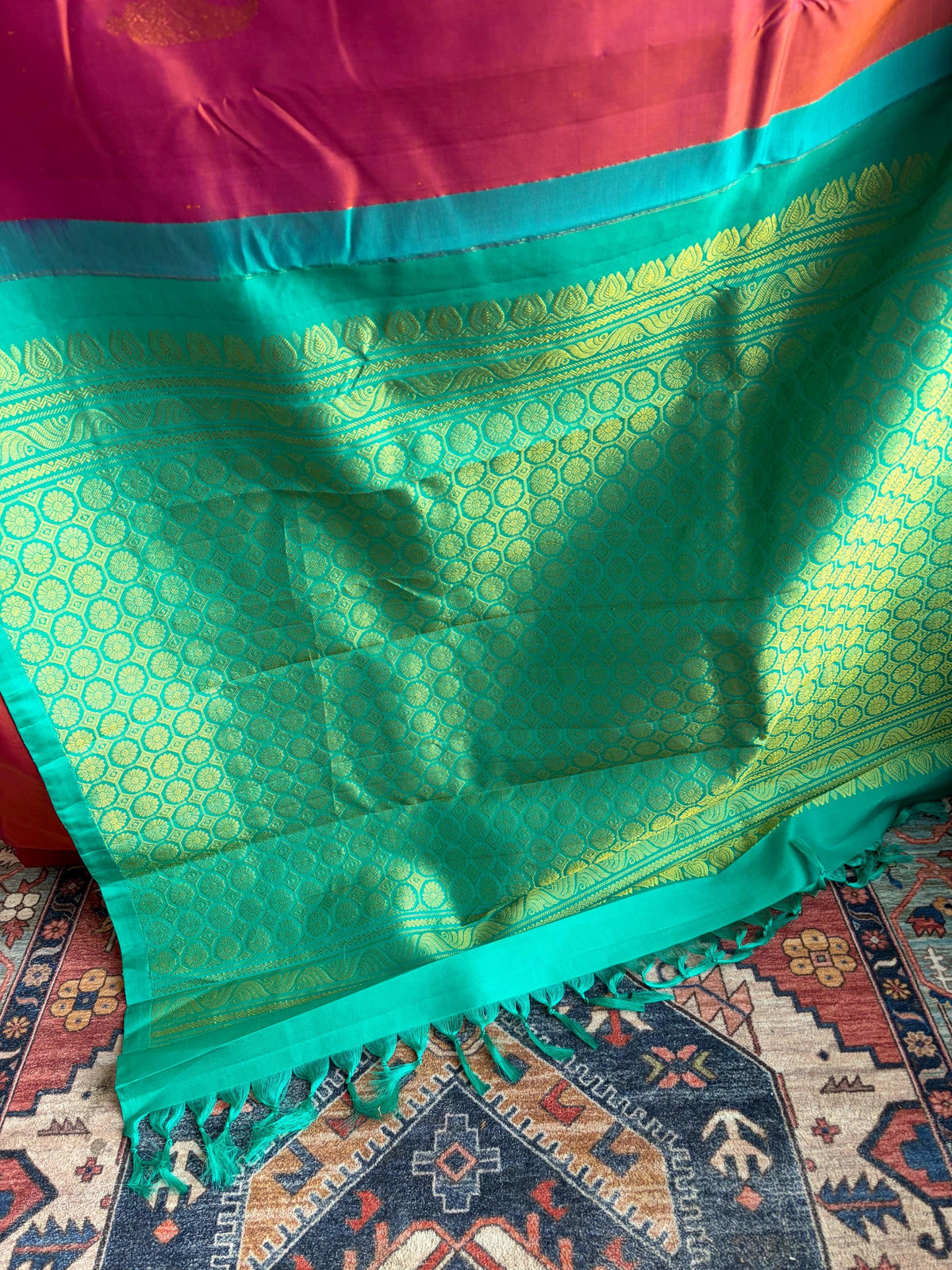 Sari en soie Kanchipuram tissé à la main, rouge brique, pour mariée