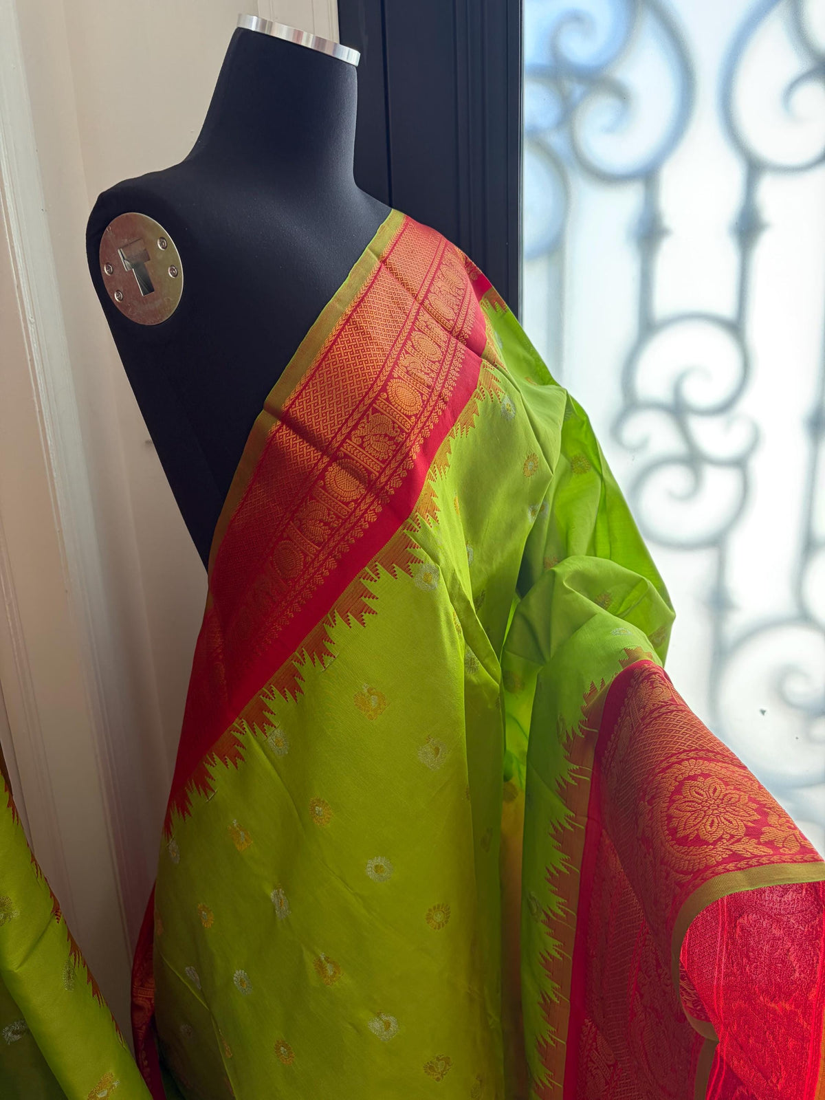 Lime Green and Red Gadwal Silk Wedding Saree