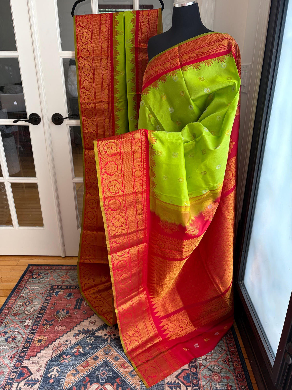 Lime Green and Red Gadwal Silk Wedding Saree