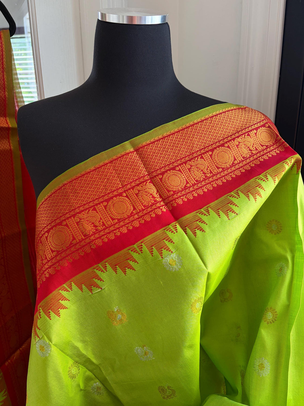 Lime Green and Red Gadwal Silk Wedding Saree