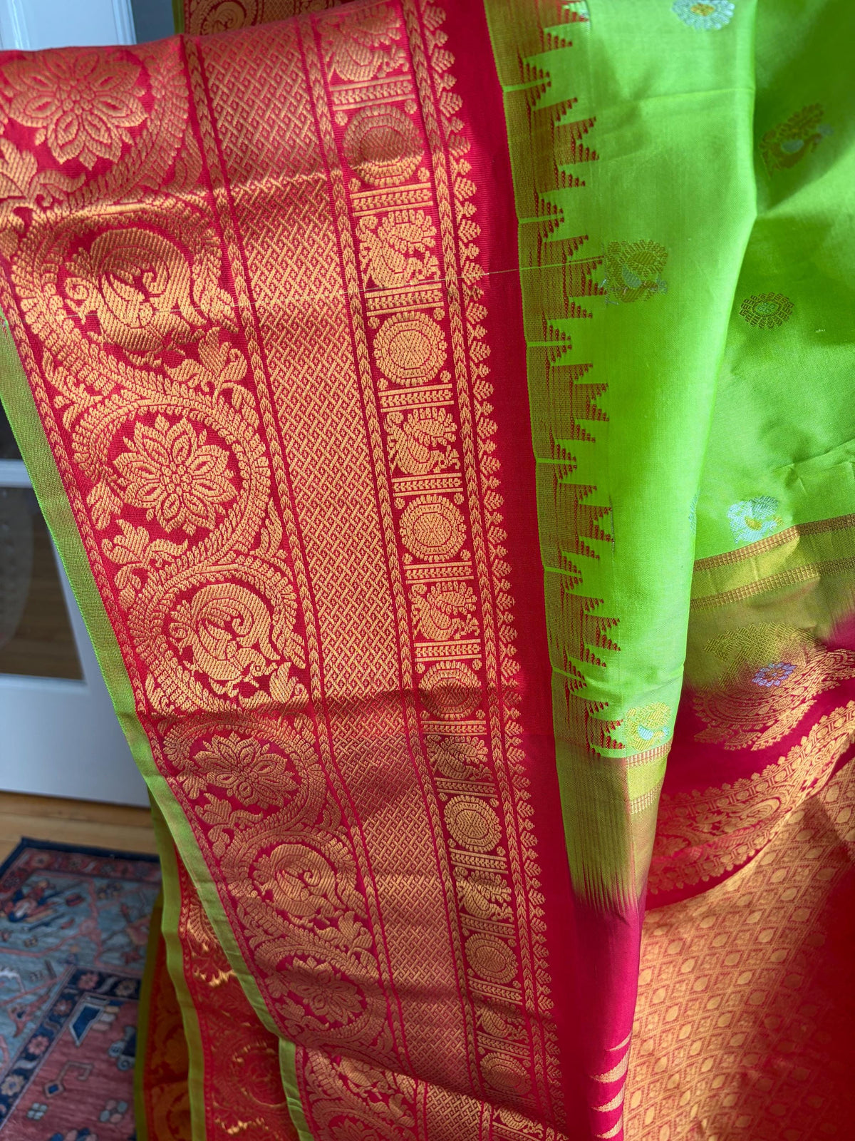 Lime Green and Red Gadwal Silk Wedding Saree