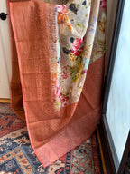 Beige Floral Printed Linen Silk Saree