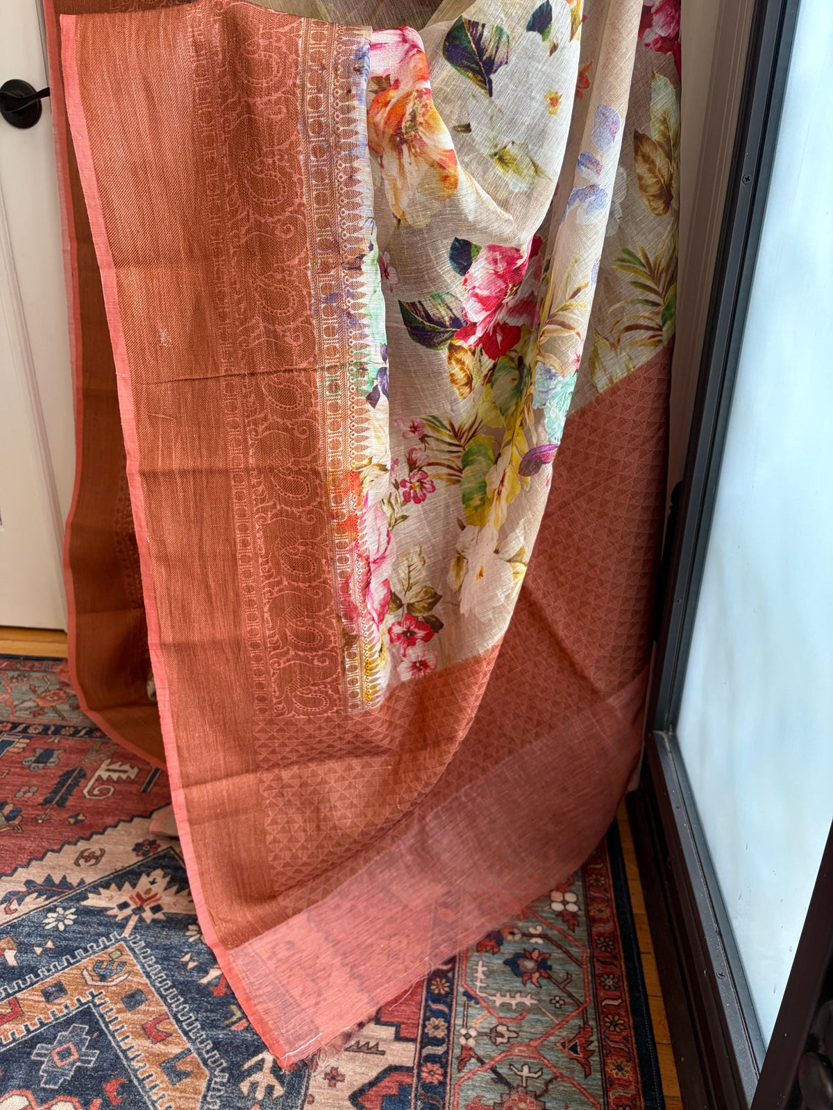 Beige Floral Printed Linen Silk Saree
