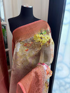 Beige Floral Printed Linen Silk Saree