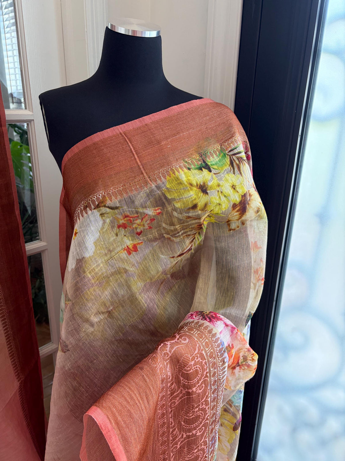 Beige Floral Printed Linen Silk Saree