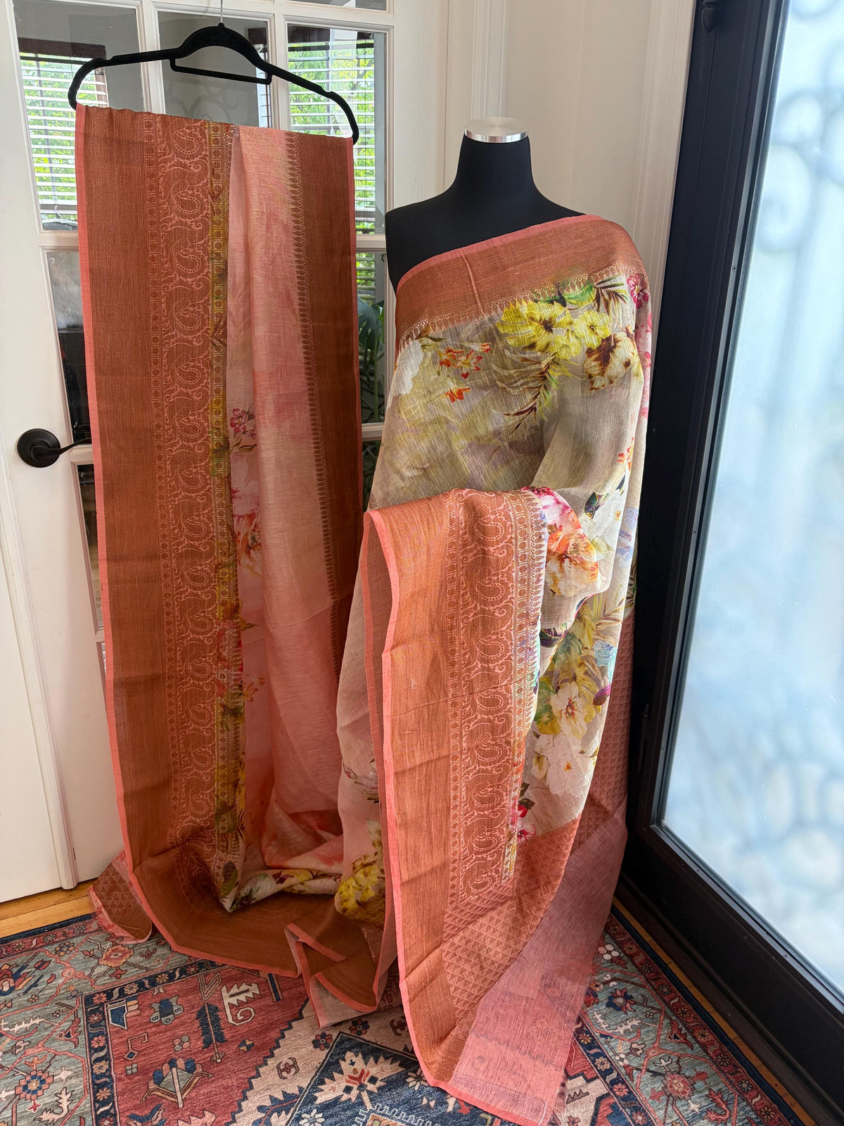 Beige Floral Printed Linen Silk Saree