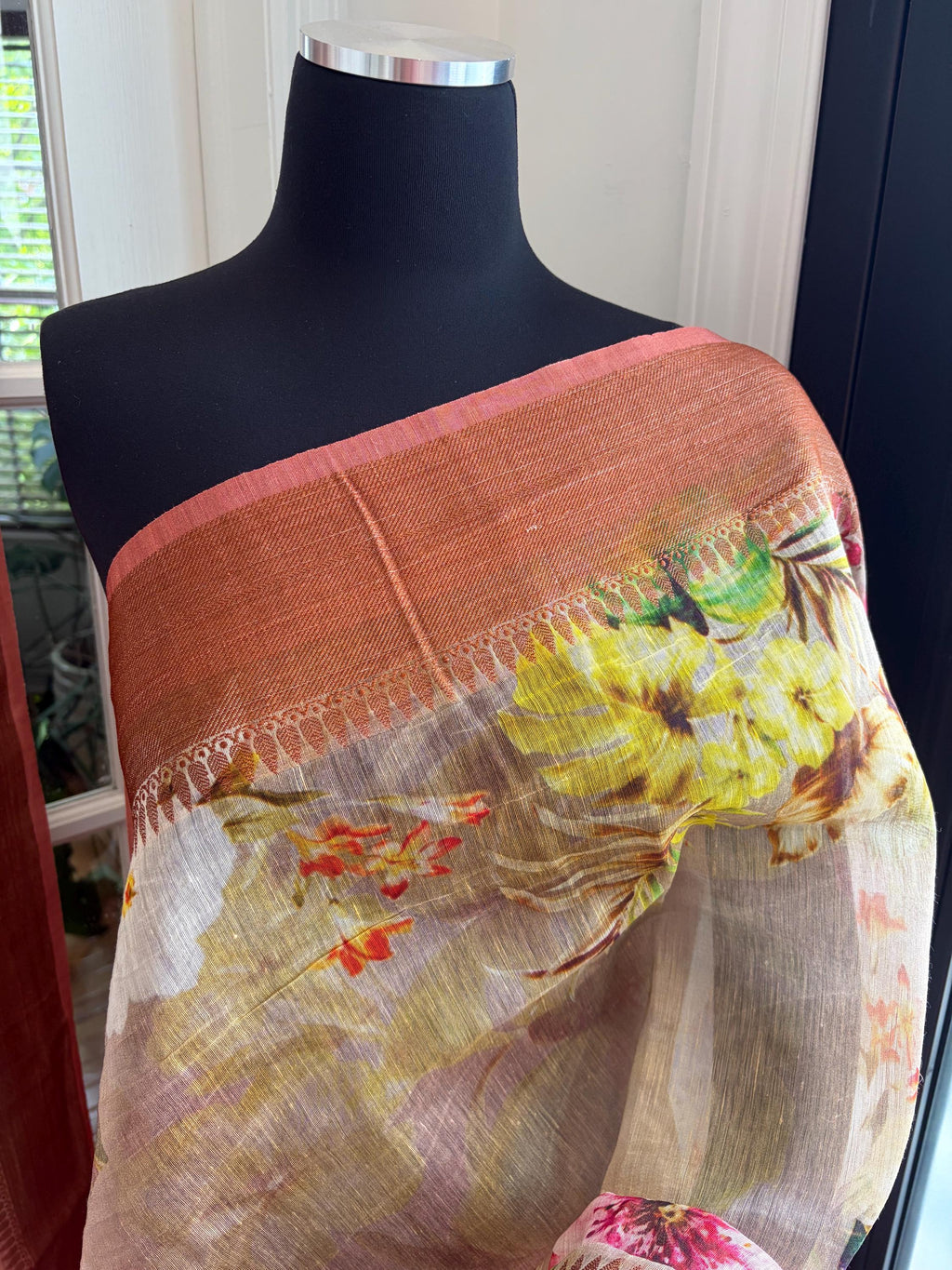 Beige Floral Printed Linen Silk Saree