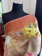 Beige Floral Printed Linen Silk Saree