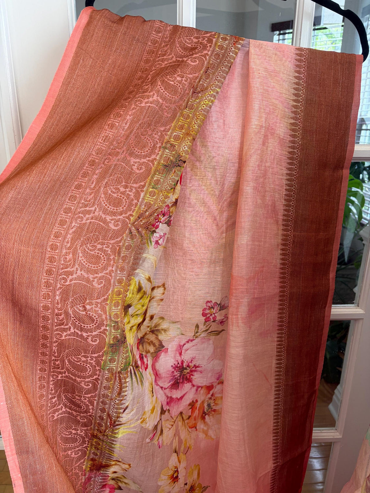 Beige Floral Printed Linen Silk Saree