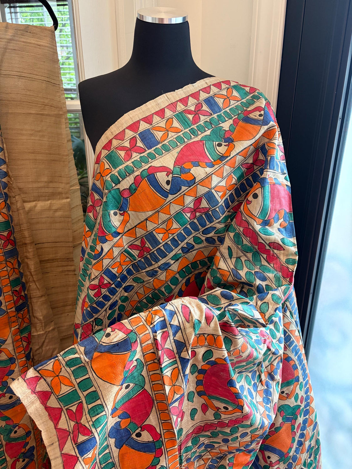 Beige Tussar Silk Saree with Madhubani Fish Pallu