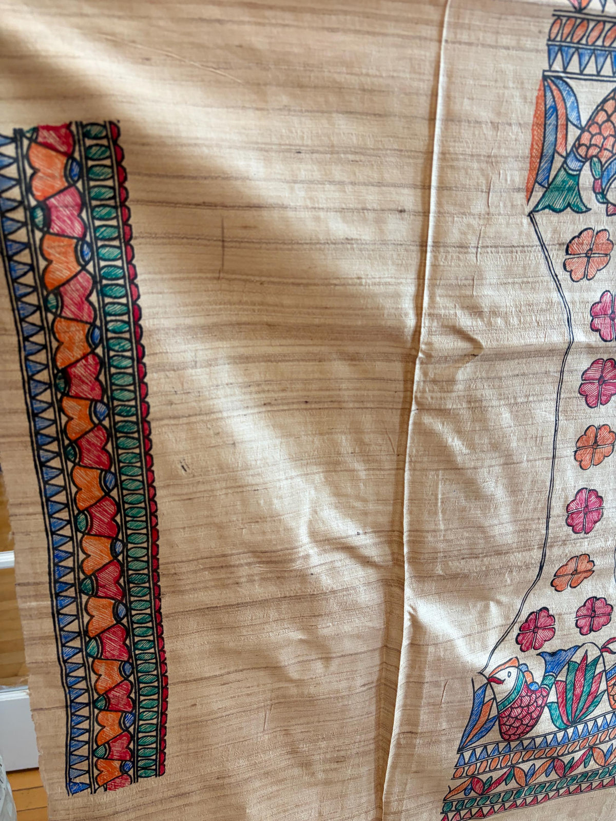 Beige Tussar Silk Saree with Madhubani Painted Border