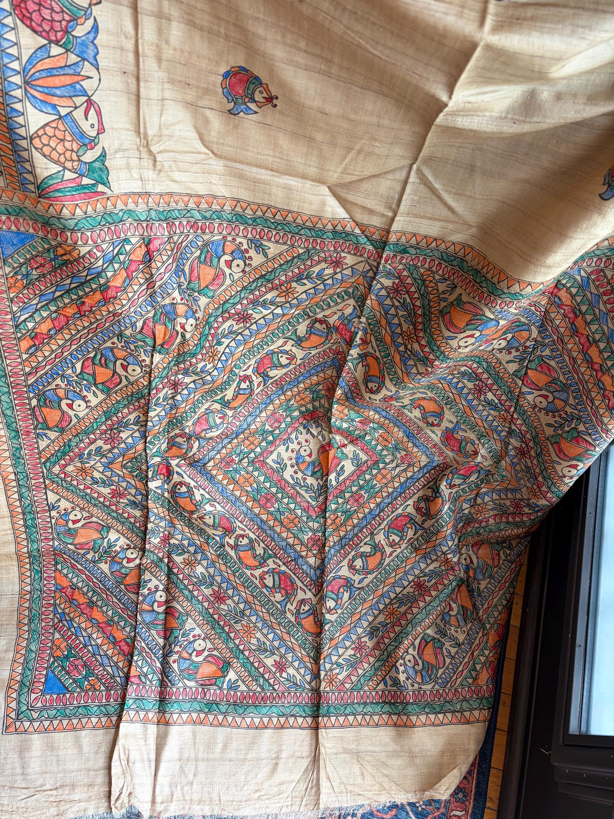 Beige Tussar Silk Saree with Madhubani Painted Border