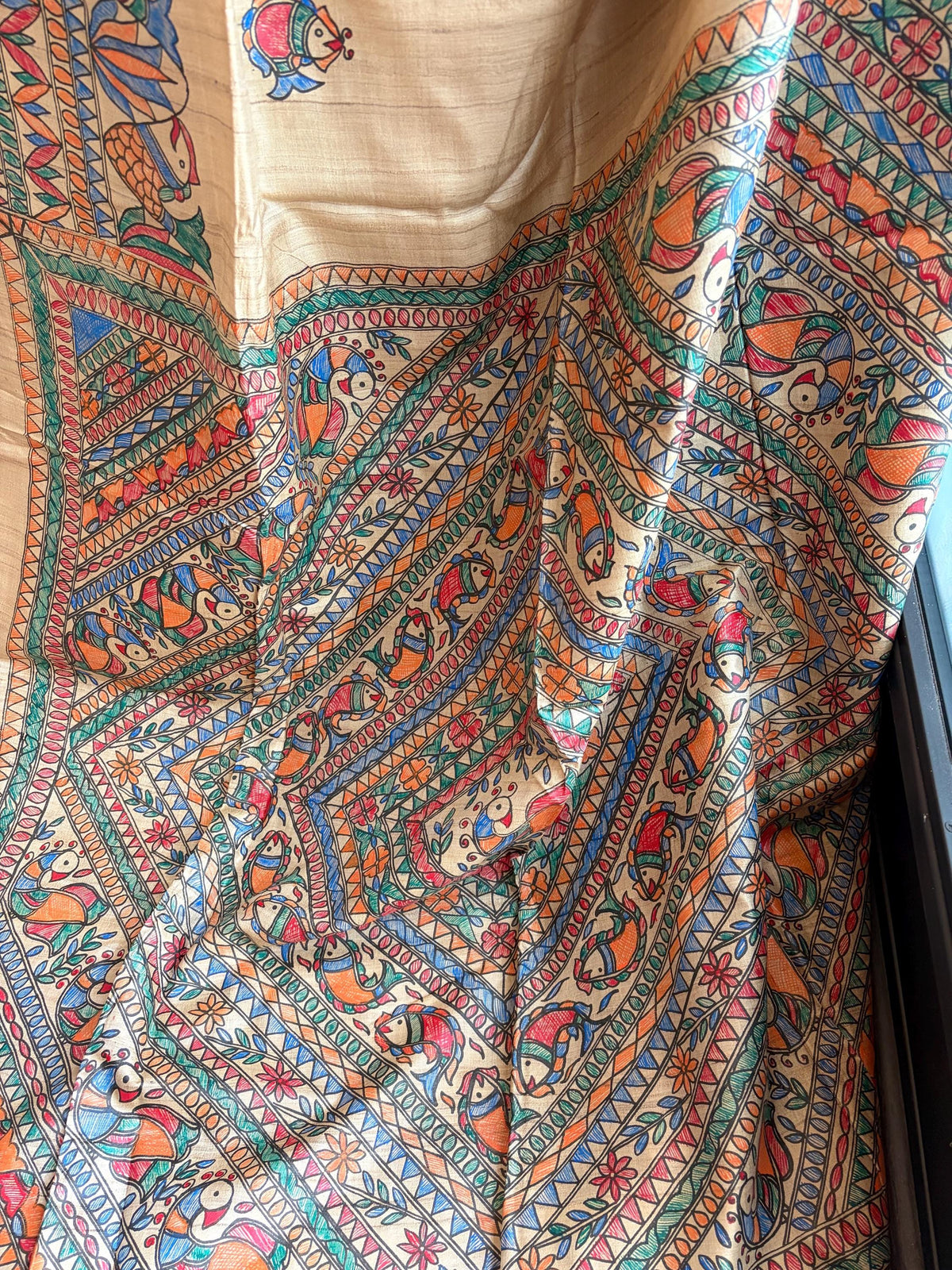 Beige Tussar Silk Saree with Madhubani Painted Border