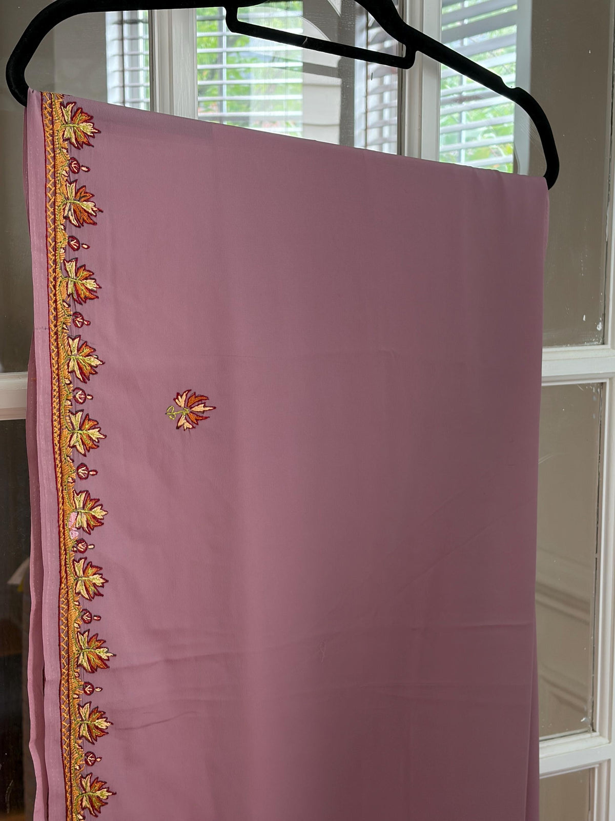 Lavender Kashmiri Sozni Embroidery Crepe Silk Saree