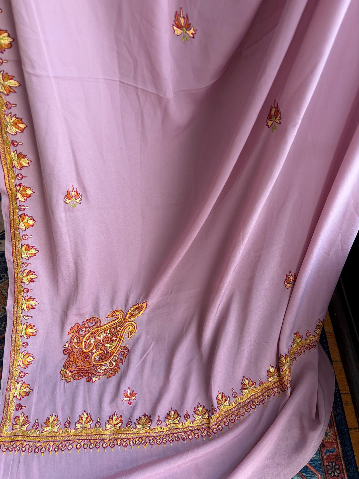 Lavender Kashmiri Sozni Embroidery Crepe Silk Saree