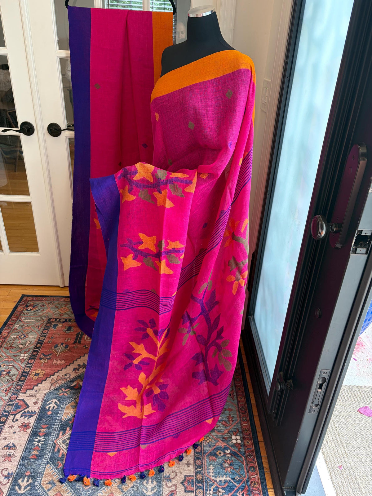 Rani Pink Jamdani Linen Saree