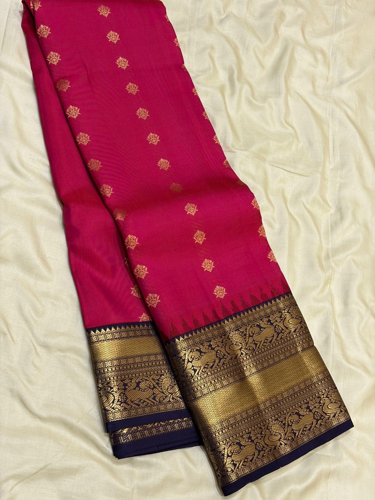 Rani Pink Kanchipuram Silk Saree with Navy Korvai Border