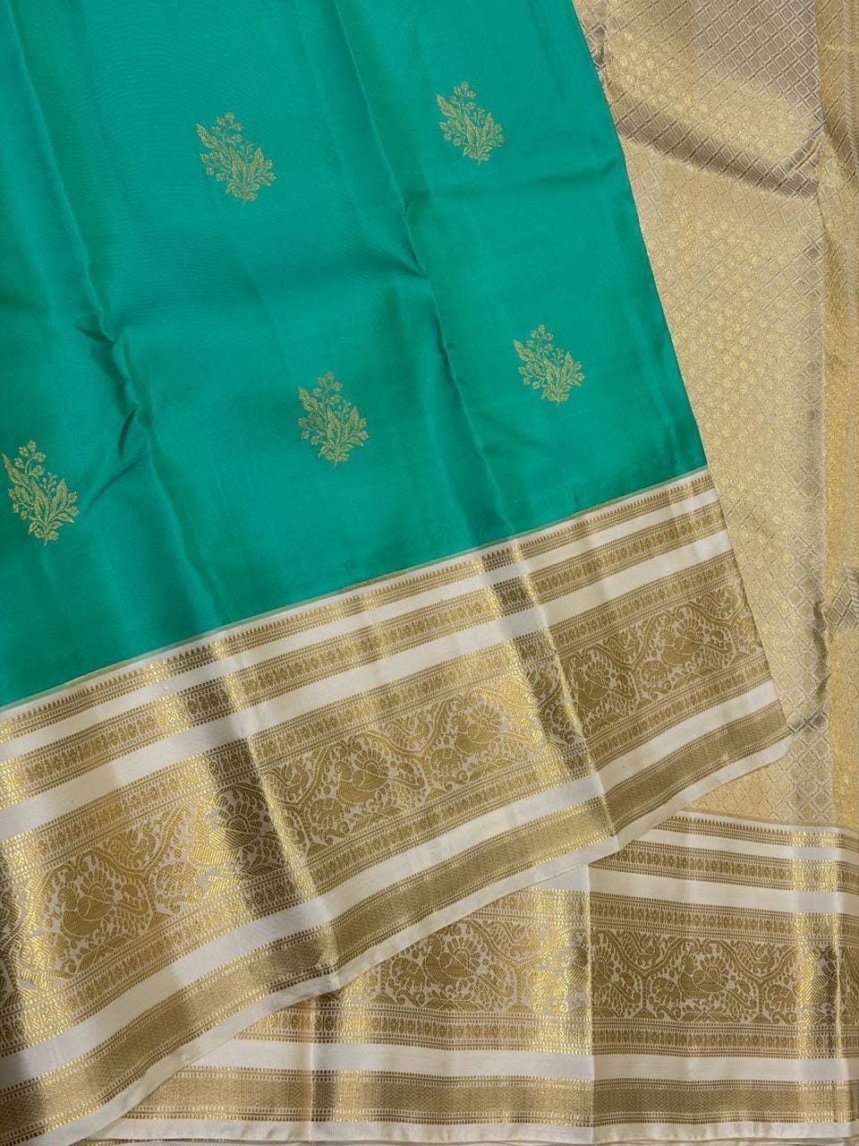 Sea Green Kanchipuram Silk Saree with Gold Zari Border