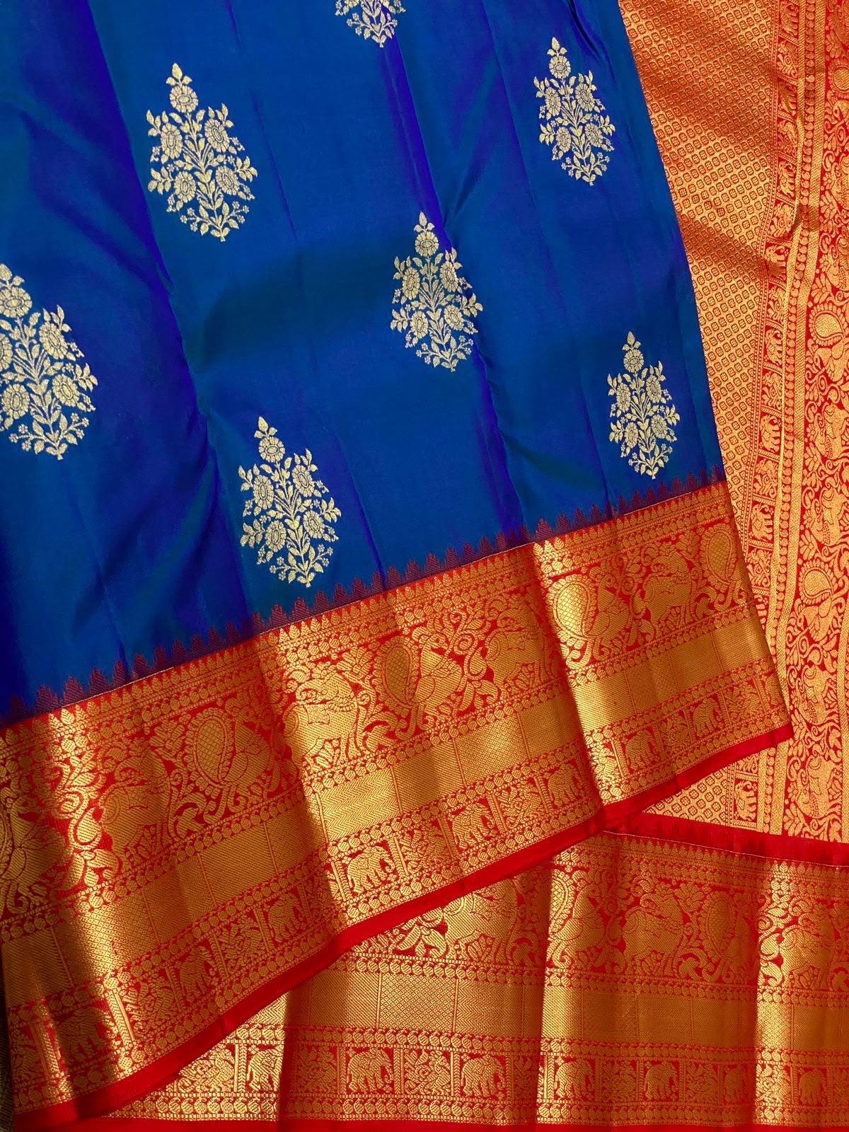 Royal Blue Kanchipuram Silk Saree with Red Korvai Border