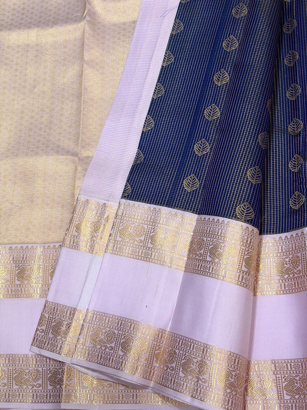 Navy Blue Kanchipuram Silk Saree with Pastel Ivory Border