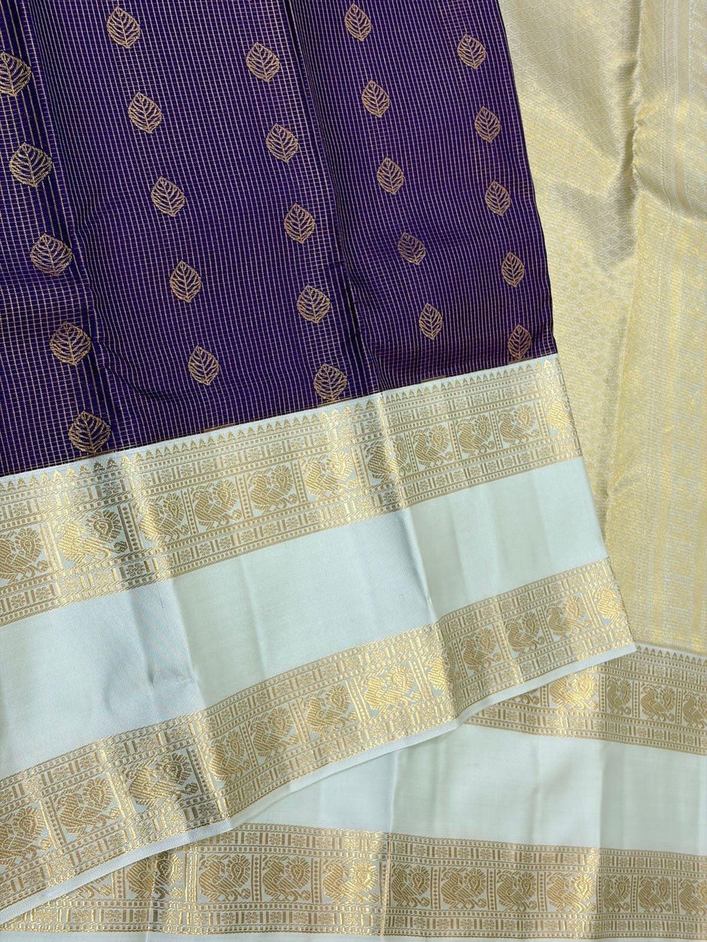 Violet Kanchipuram Silk Saree with Pastel Ivory Border