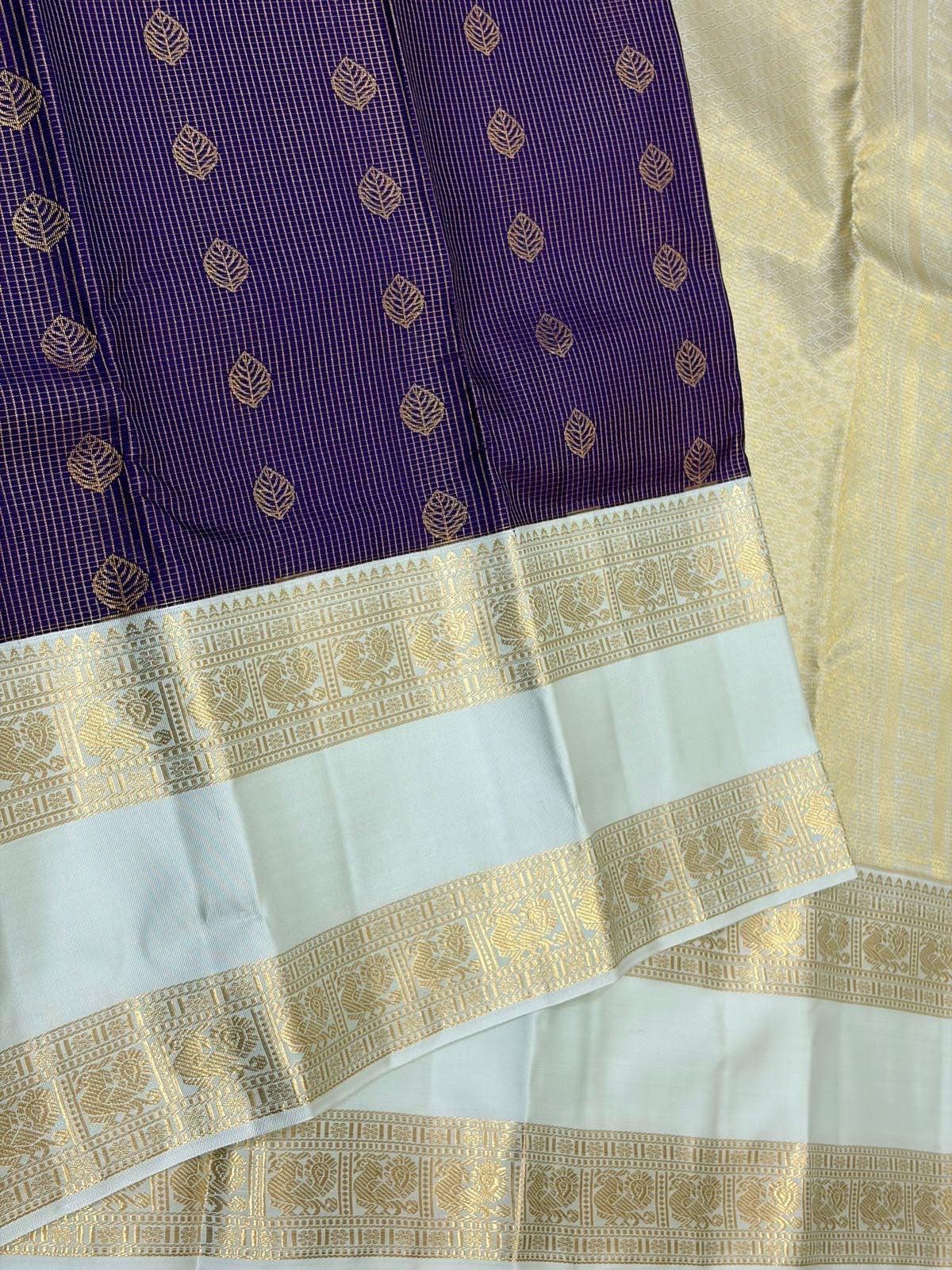 Violet Kanchipuram Silk Saree with Pastel Ivory Border