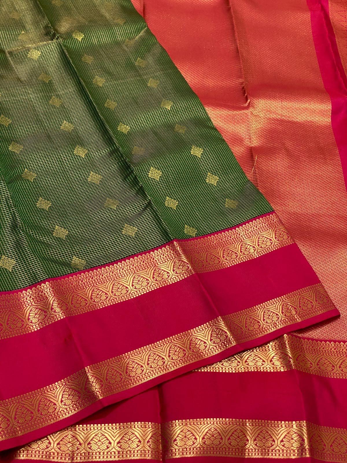 Bottle Green Kanchipuram Silk Saree with Rani Pink Korvai Border