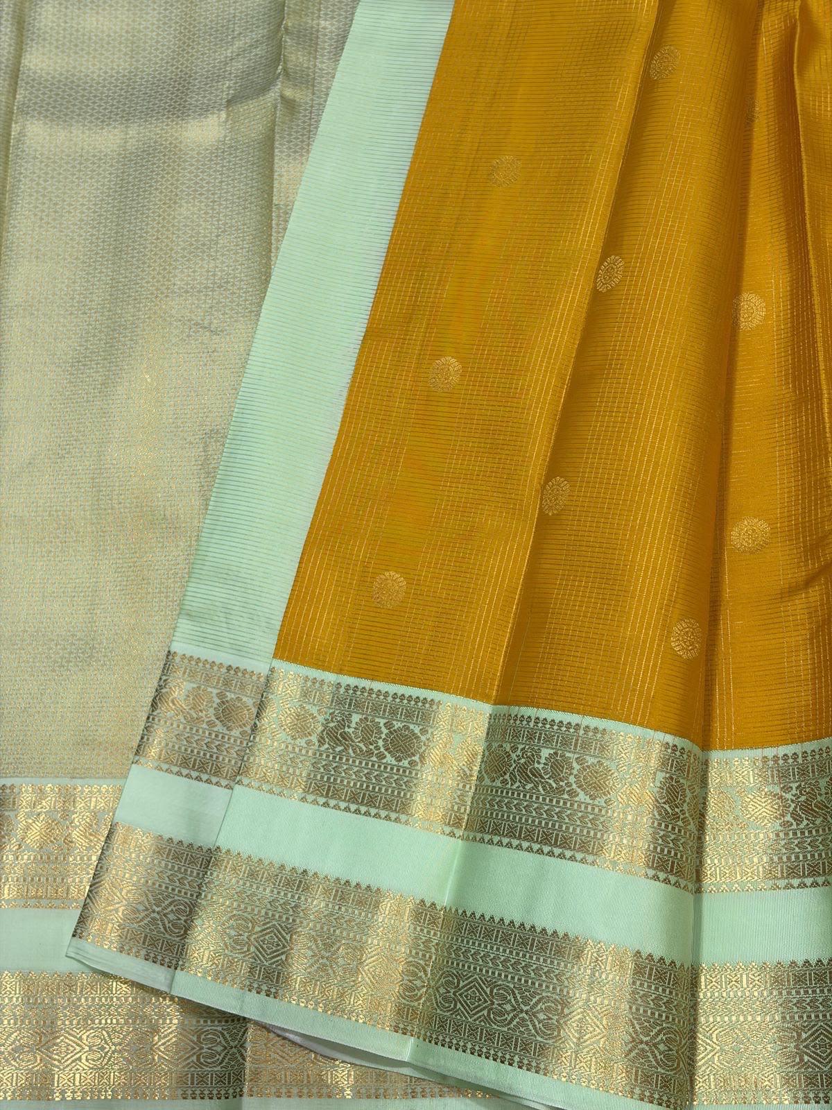 Mustard Yellow Kanchipuram Silk Saree with Pastel Mint Border