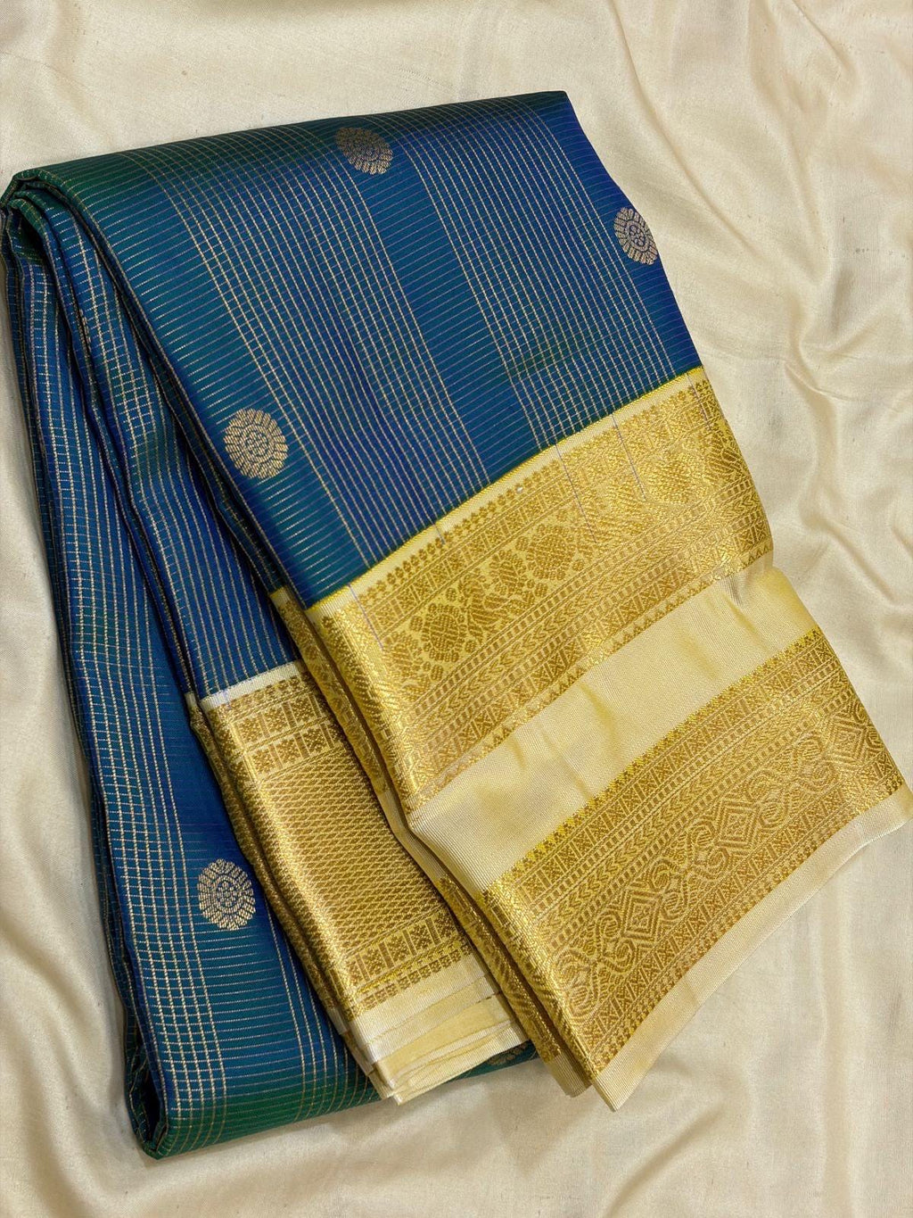 Ink Blue Kanchipuram Silk Saree with Cream Zari Border