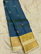Ink Blue Kanchipuram Silk Saree with Cream Zari Border