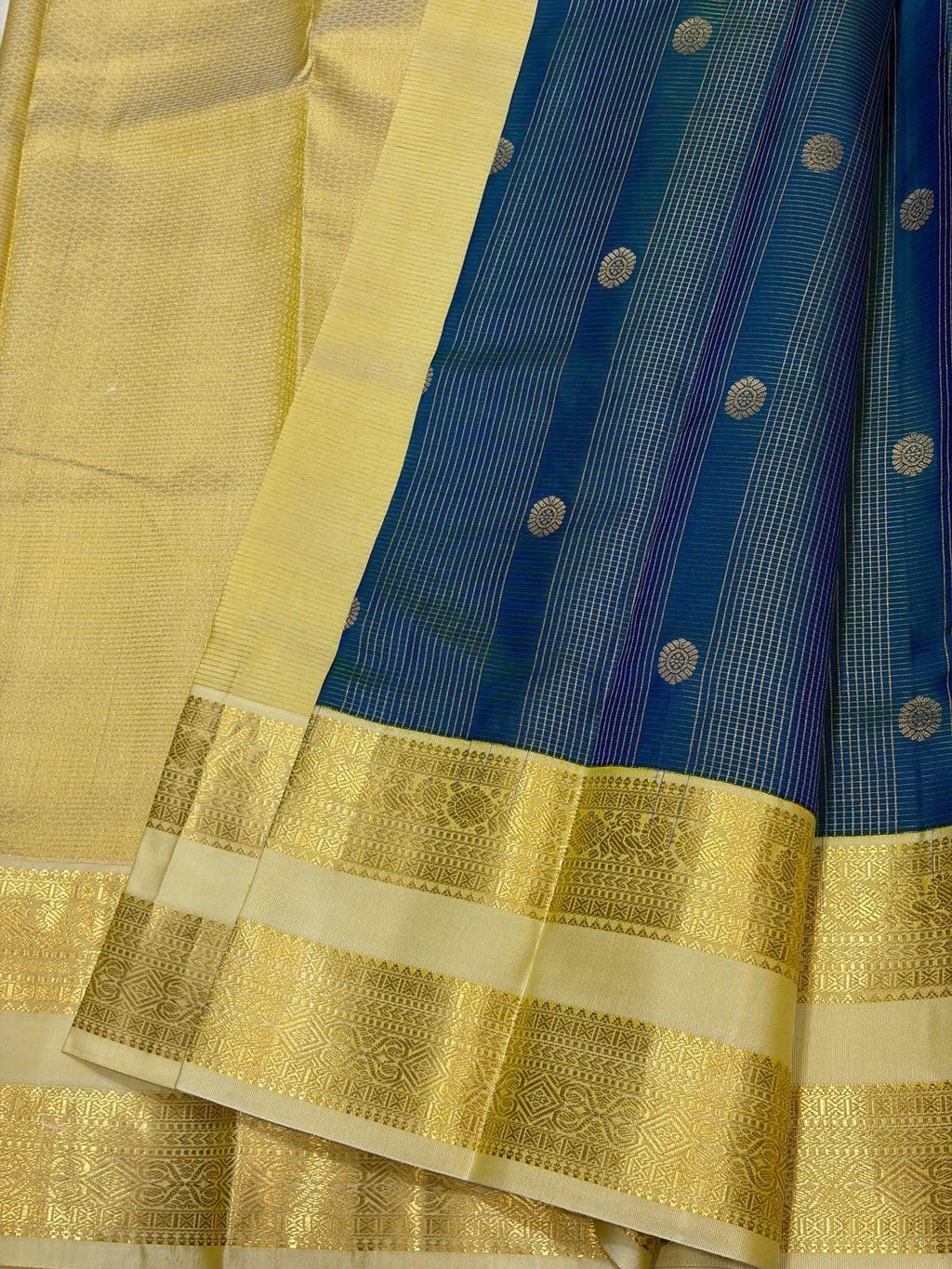 Ink Blue Kanchipuram Silk Saree with Cream Zari Border