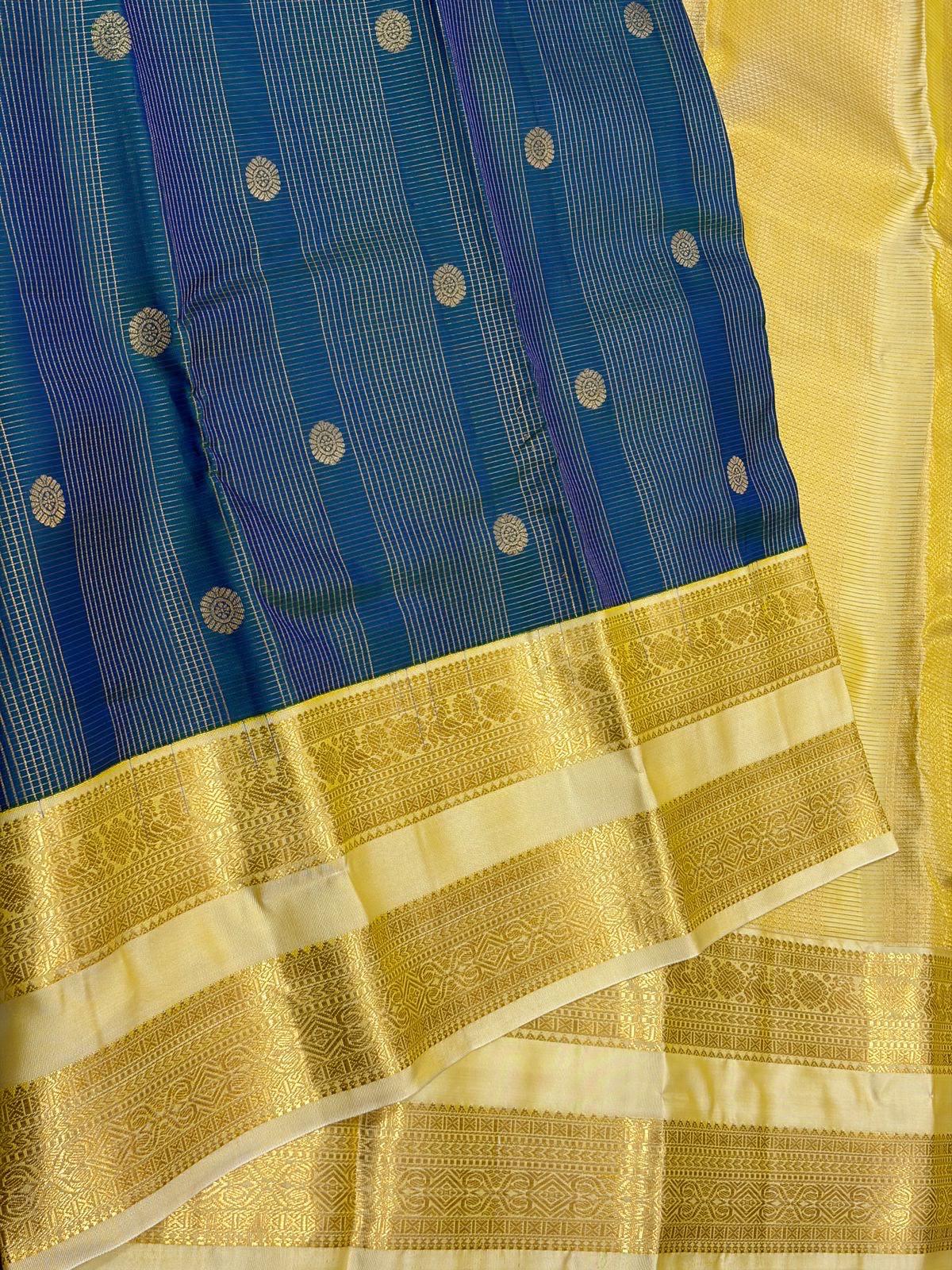 Ink Blue Kanchipuram Silk Saree with Cream Zari Border