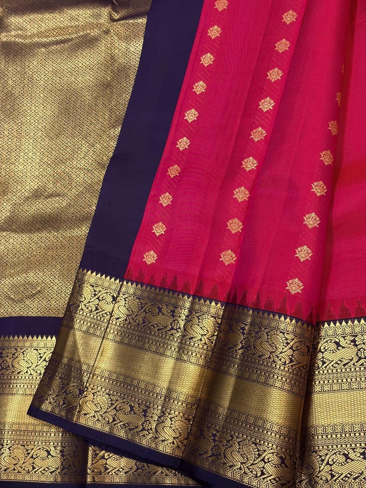 Rani Pink Kanchipuram Silk Saree with Navy Korvai Border