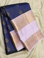 Navy Blue Kanchipuram Silk Saree with Pastel Ivory Border