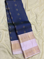 Navy Blue Kanchipuram Silk Saree with Pastel Ivory Border