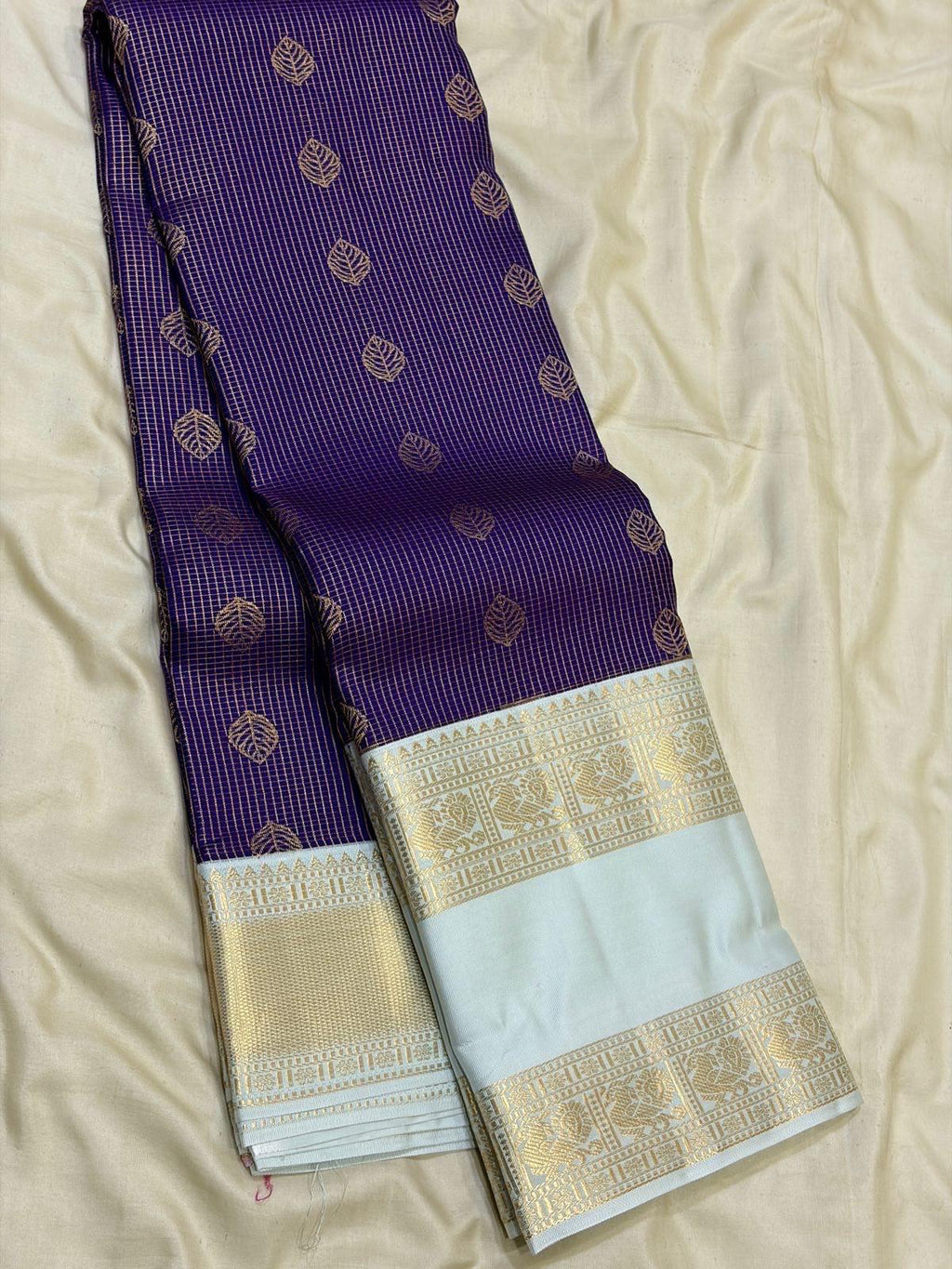 Violet Kanchipuram Silk Saree with Pastel Ivory Border