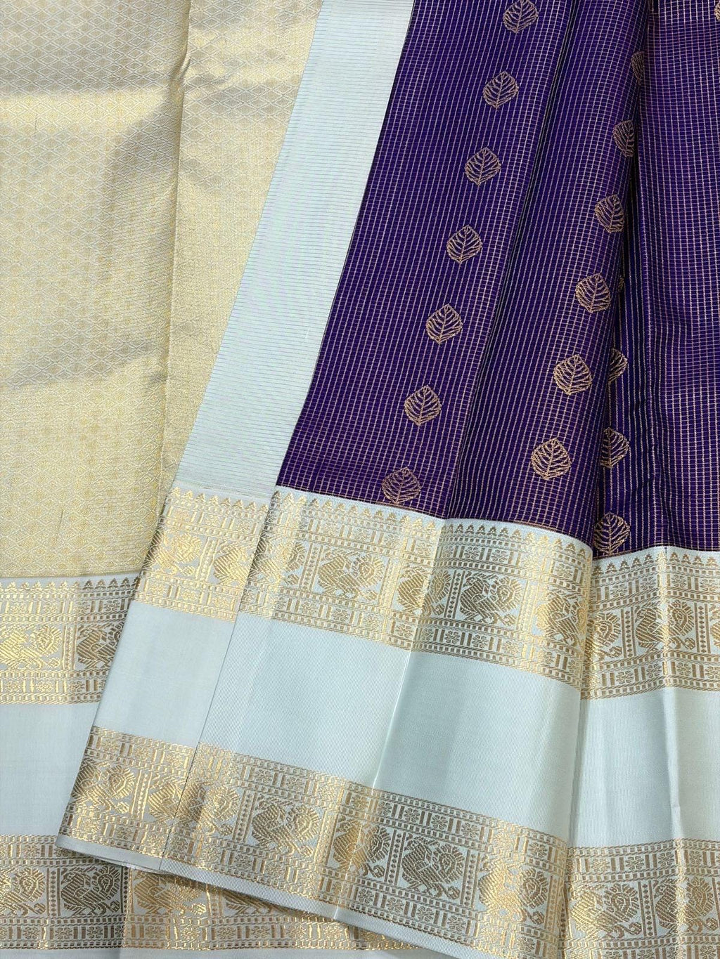 Violet Kanchipuram Silk Saree with Pastel Ivory Border