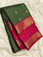 Bottle Green Kanchipuram Silk Saree with Rani Pink Korvai Border