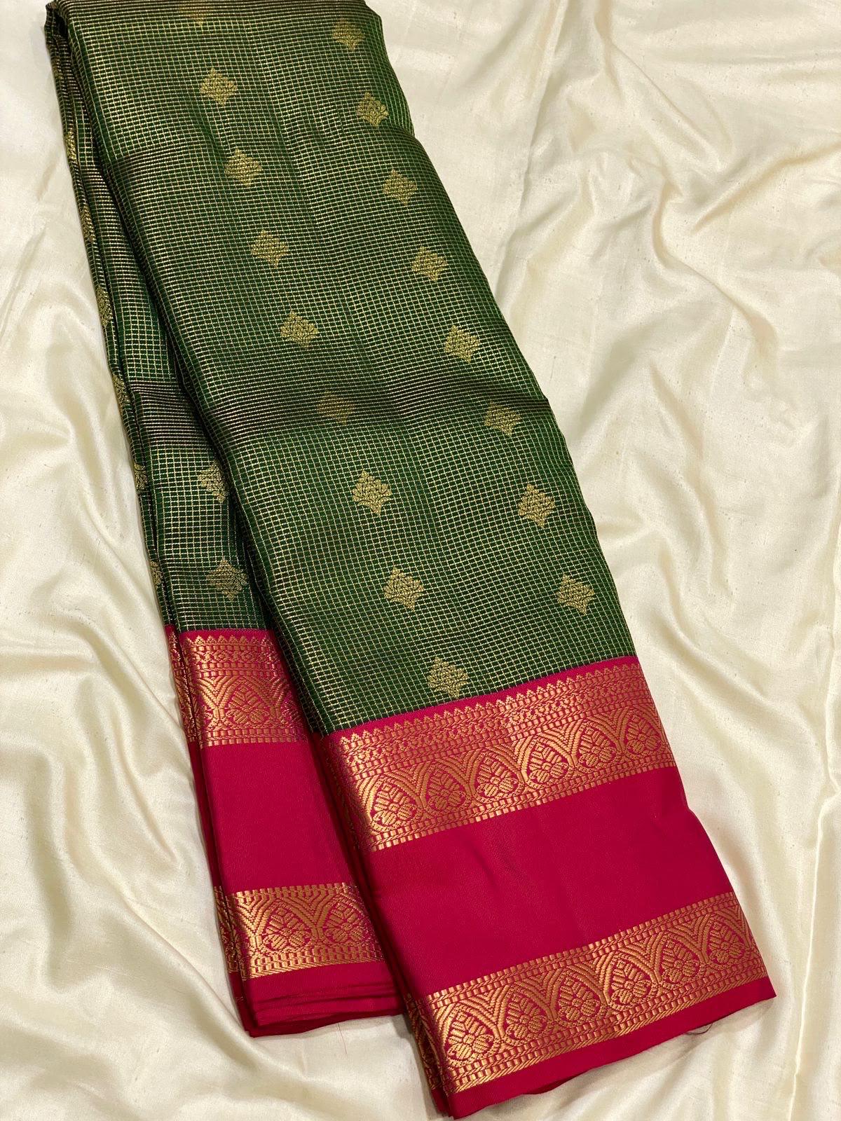 Bottle Green Kanchipuram Silk Saree with Rani Pink Korvai Border